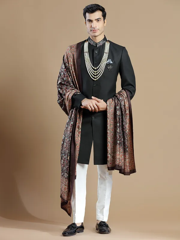 Black terry rayon groom wear designer sherwani