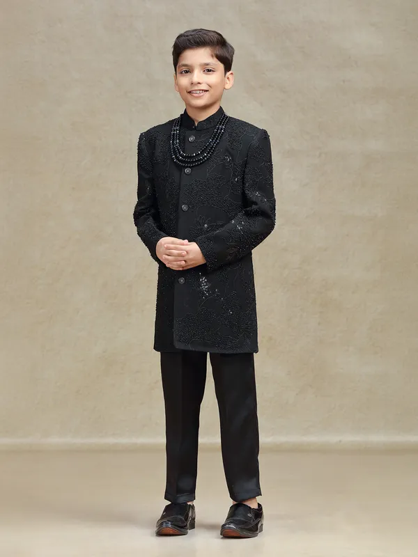 Black terry rayon indo western set for boys