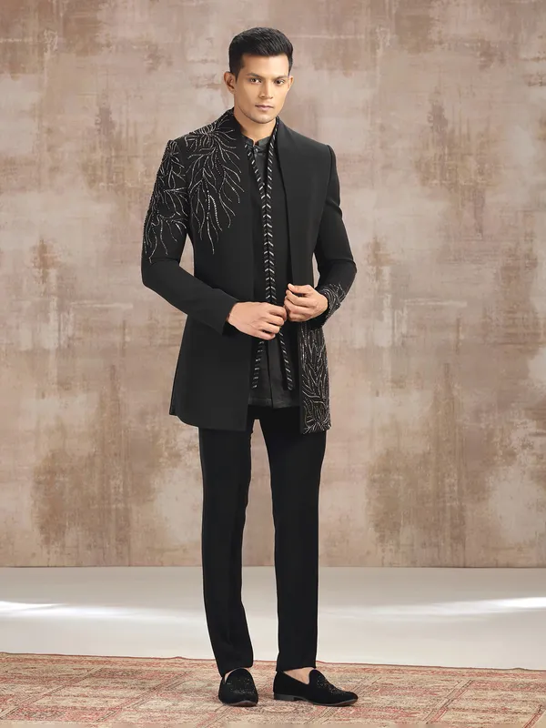 Black terry rayon indo western with beads and stone work