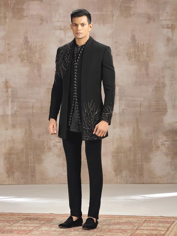 Black terry rayon indo western with beads and stone work