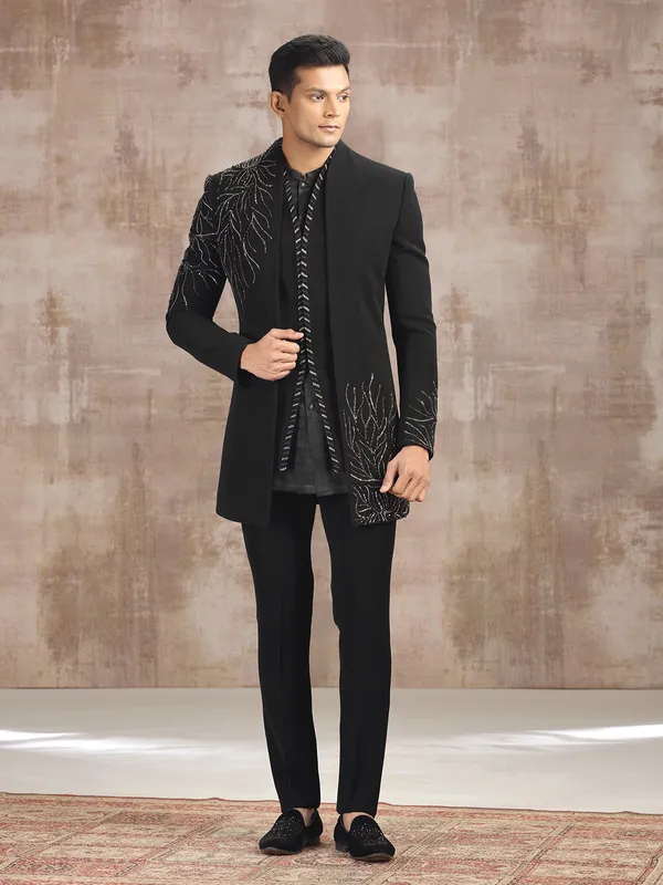 Black terry rayon indo western with beads and stone work
