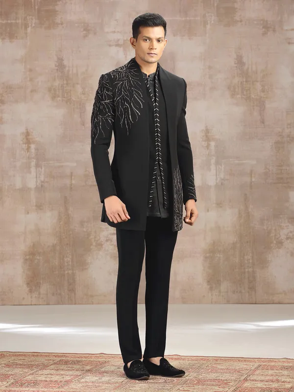 Black terry rayon indo western with beads and stone work