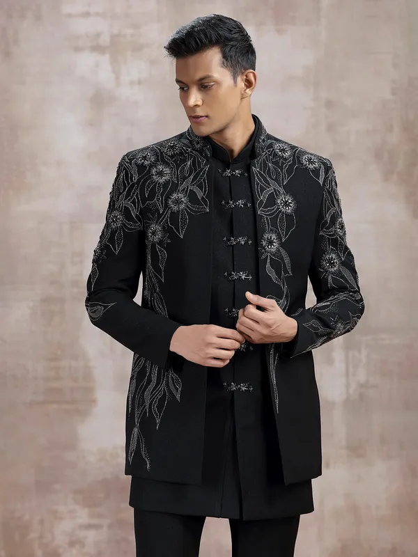 Black terry rayon indo western with cutdana work