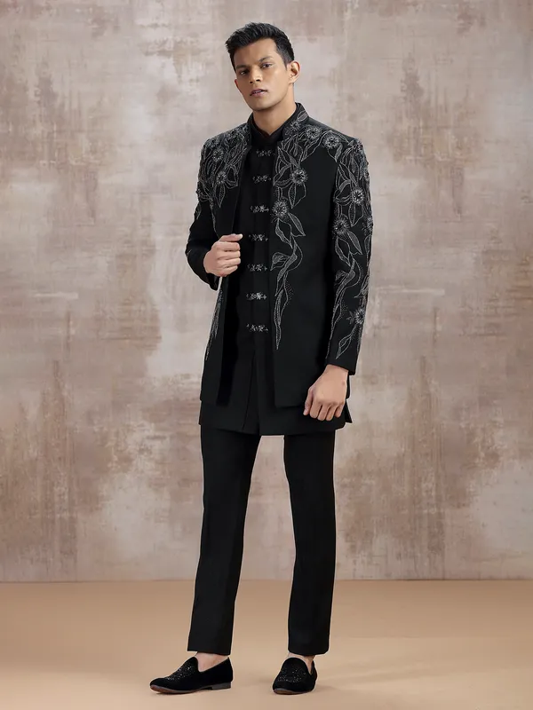 Black terry rayon indo western with cutdana work
