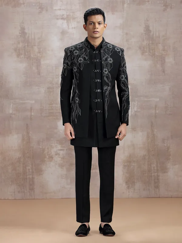 Black terry rayon indo western with cutdana work