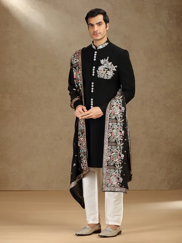 Black terry rayon indo western with dupatta for mens