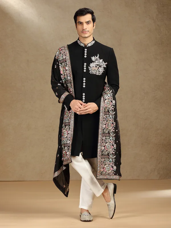 Black terry rayon indo western with dupatta for mens