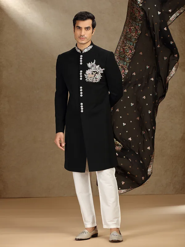 Black terry rayon indo western with dupatta for mens