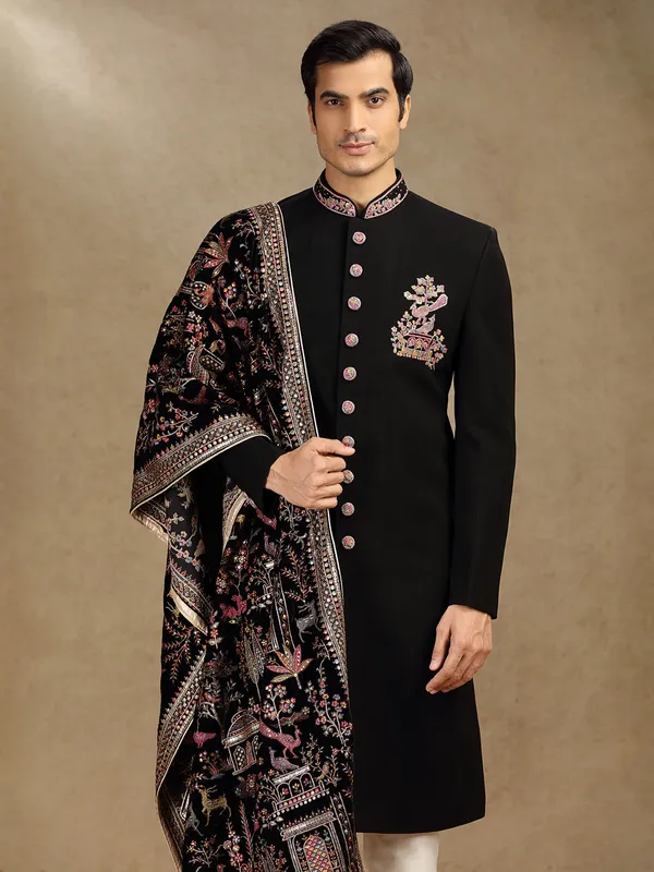 Black terry rayon indo western with dupatta for mens reception wear