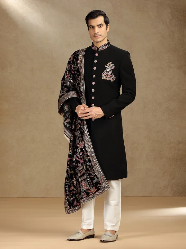 Black terry rayon indo western with dupatta for mens reception wear