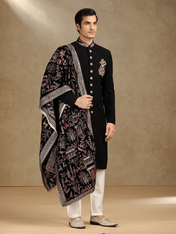 Black terry rayon indo western with dupatta for mens reception wear