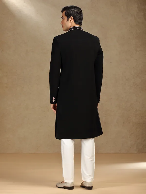 Black terry rayon indo western with dupatta for mens reception wear