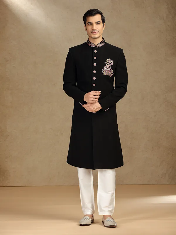 Black terry rayon indo western with dupatta for mens reception wear