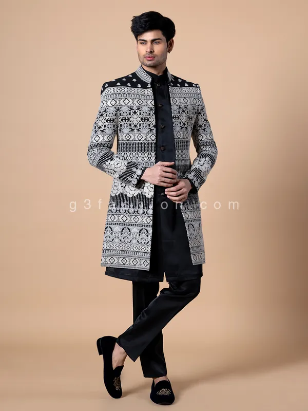 Black terry rayon indowestern for men