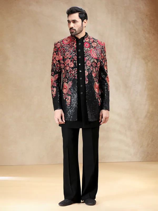 Black terry rayon indowestern set with attractive embroidery work