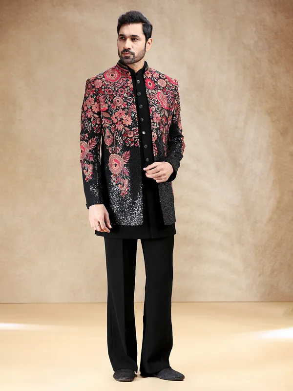 Black terry rayon indowestern set with attractive embroidery work