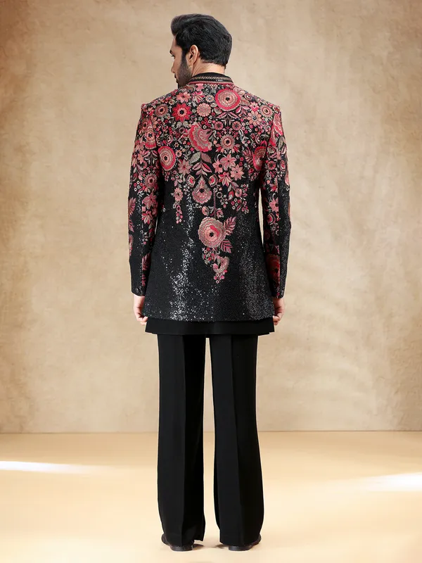 Black terry rayon indowestern set with attractive embroidery work