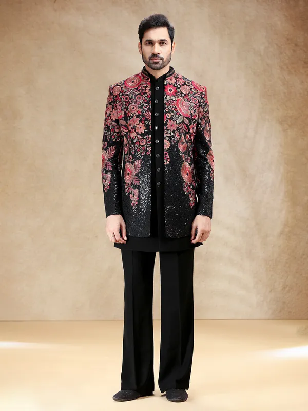 Black terry rayon indowestern set with attractive embroidery work