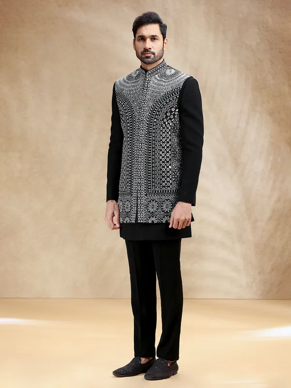 Black terry rayon indowestern set with bold resham work