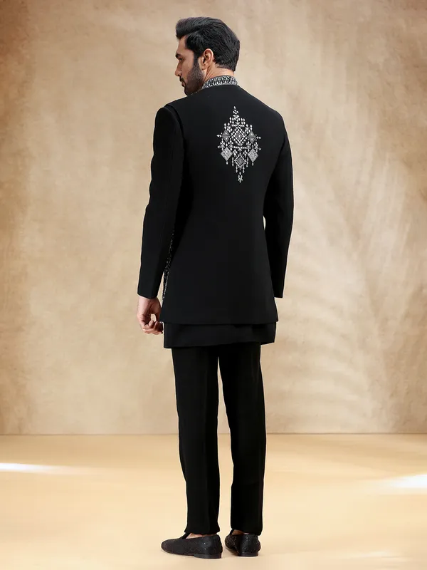Black terry rayon indowestern set with bold resham work