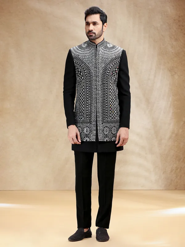 Black terry rayon indowestern set with bold resham work