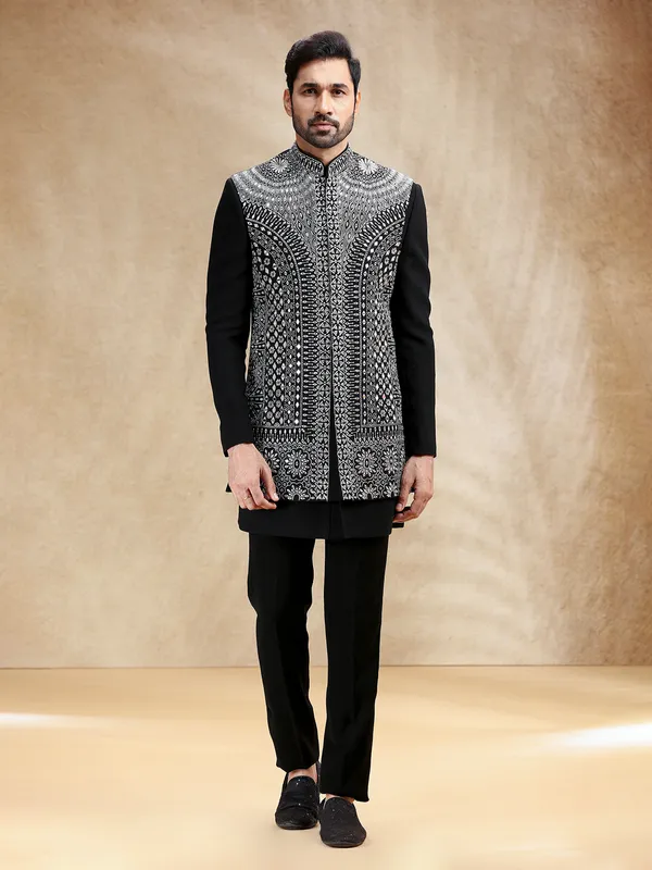 Black terry rayon indowestern set with bold resham work