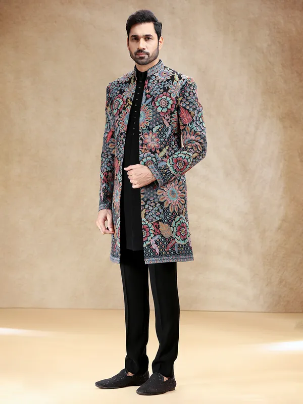 Black terry rayon indowestern set with multicolor embroidery