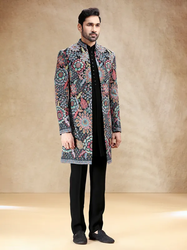 Black terry rayon indowestern set with multicolor embroidery