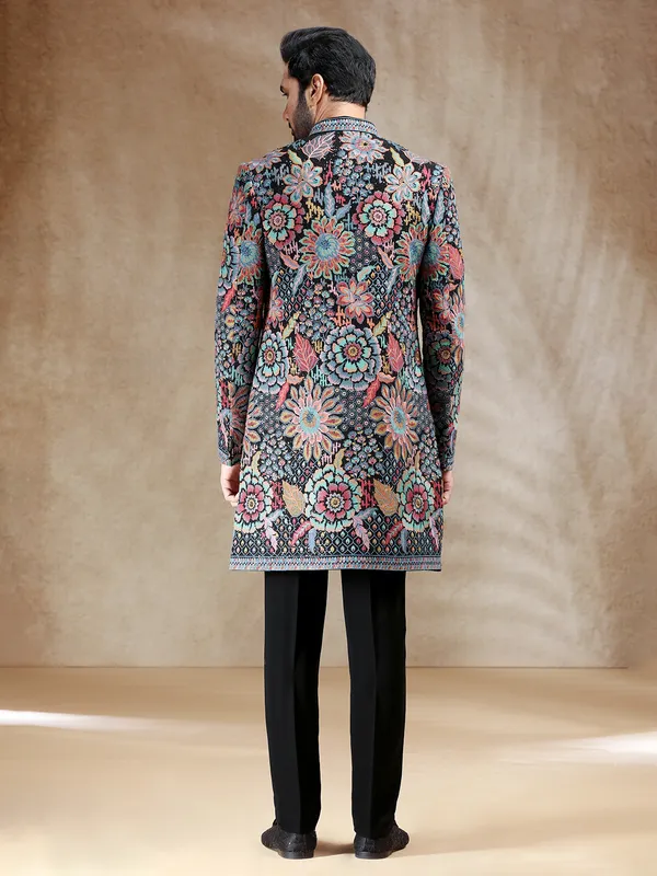Black terry rayon indowestern set with multicolor embroidery