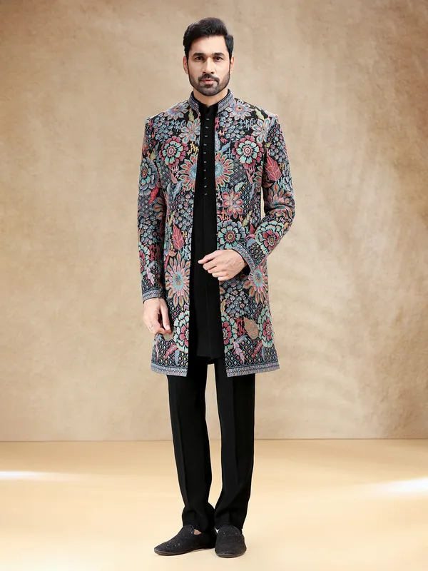 Black terry rayon indowestern set with multicolor embroidery