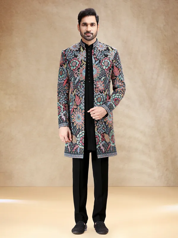 Black terry rayon indowestern set with multicolor embroidery
