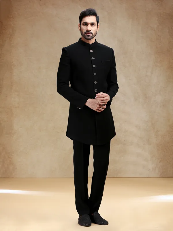 Black terry rayon indowestern set with swarowski work