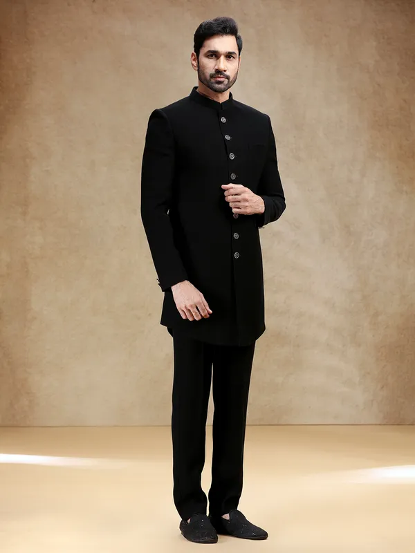 Black terry rayon indowestern set with swarowski work
