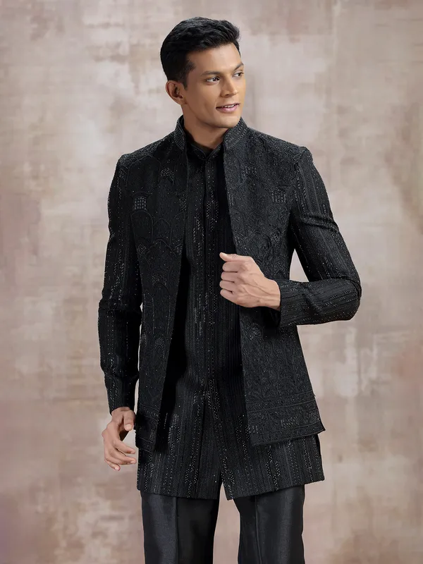 Black terry rayon jacket style indo western