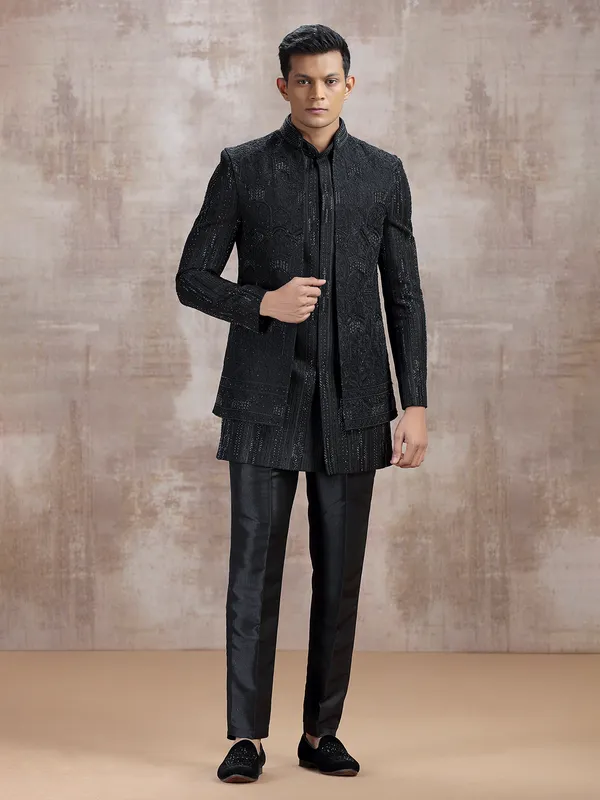 Black terry rayon jacket style indo western