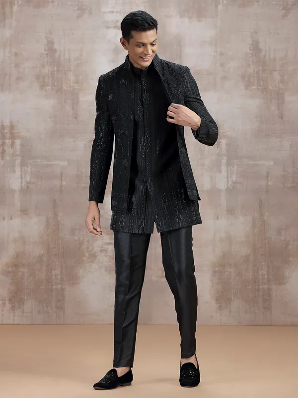 Black terry rayon jacket style indo western