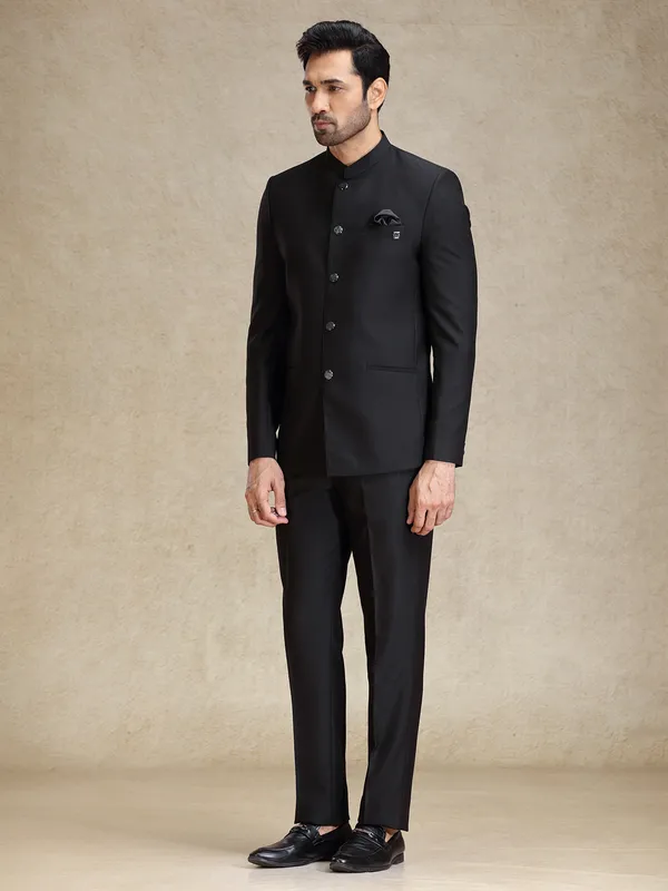 Black terry rayon jodhpuri suit for reception