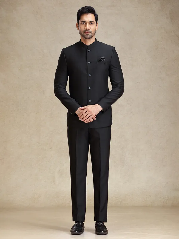 Black terry rayon jodhpuri suit for reception