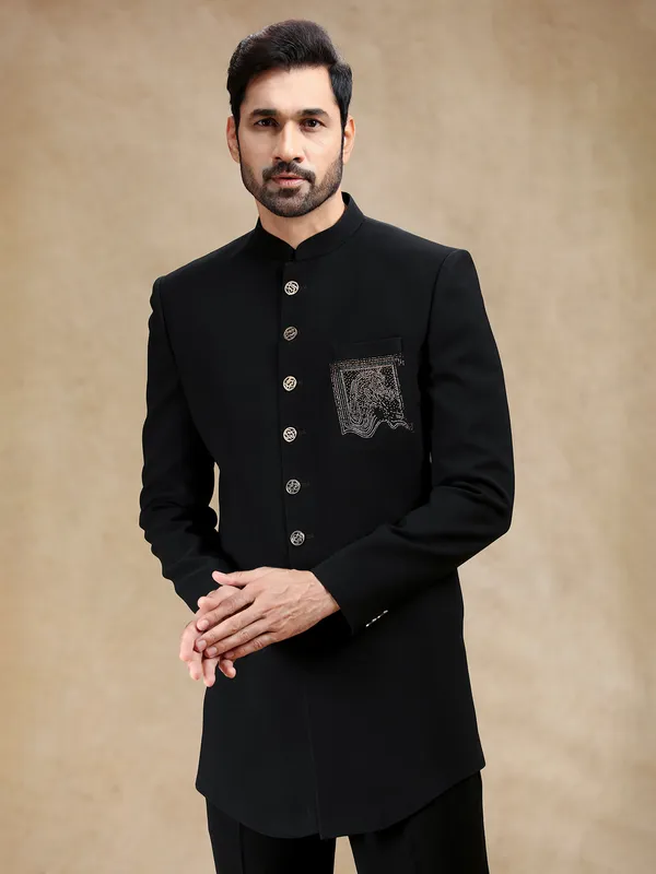 Black terry rayon men indowestern with swarowski embellishment