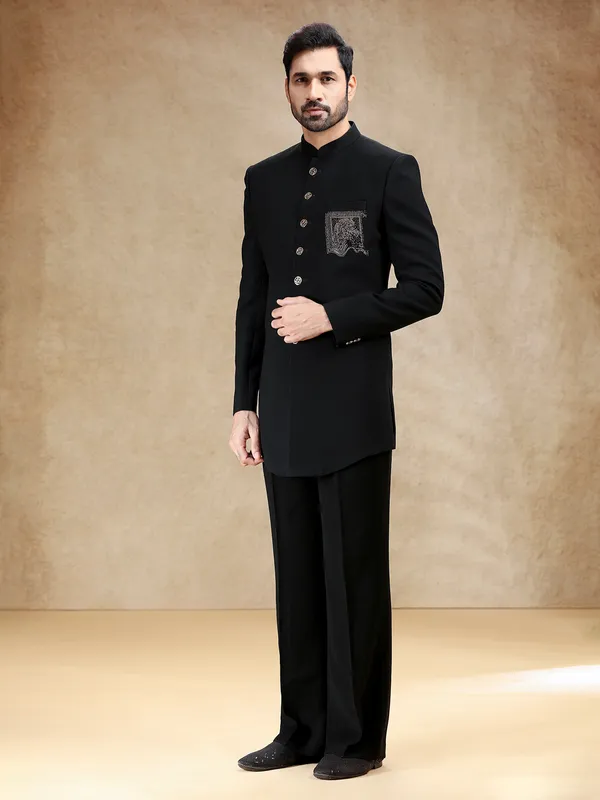 Black terry rayon men indowestern with swarowski embellishment