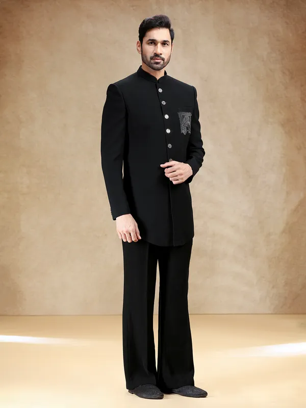 Black terry rayon men indowestern with swarowski embellishment