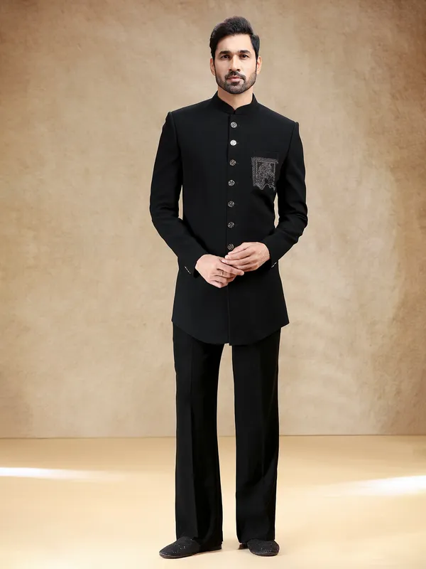 Black terry rayon men indowestern with swarowski embellishment
