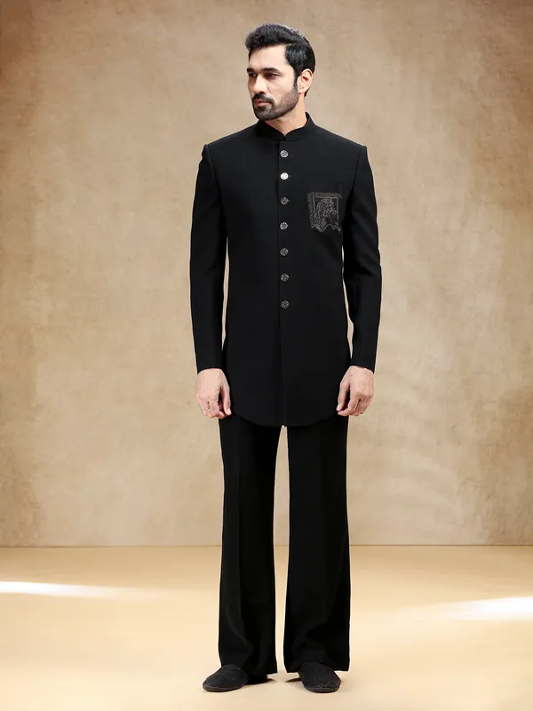 Black terry rayon men indowestern with swarowski embellishment