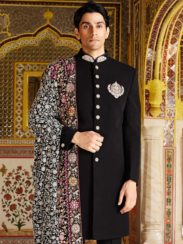Black terry rayon reception style sherwani