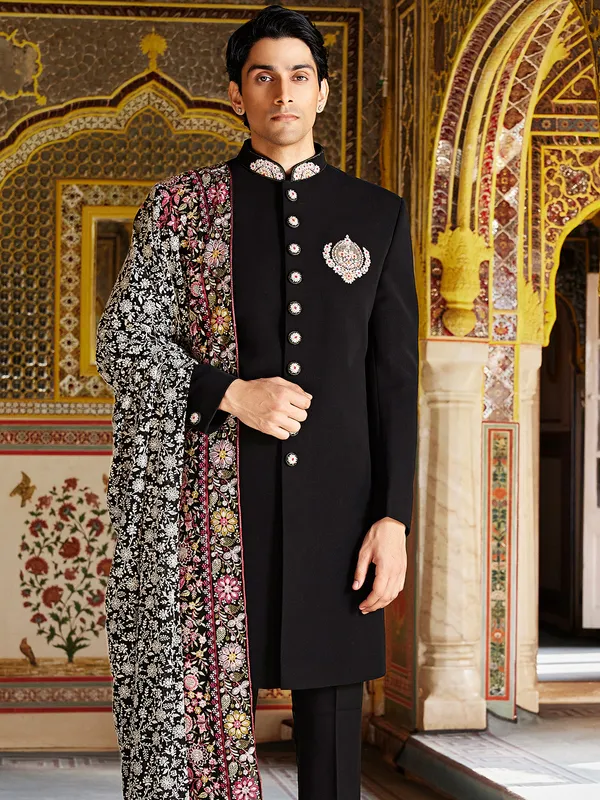 Black terry rayon reception style sherwani