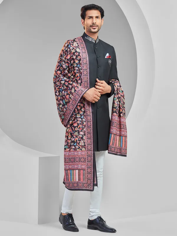Black terry rayon reception wear sherwani