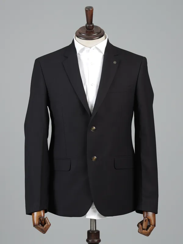 Black terry rayon solid two button blazer for receptions
