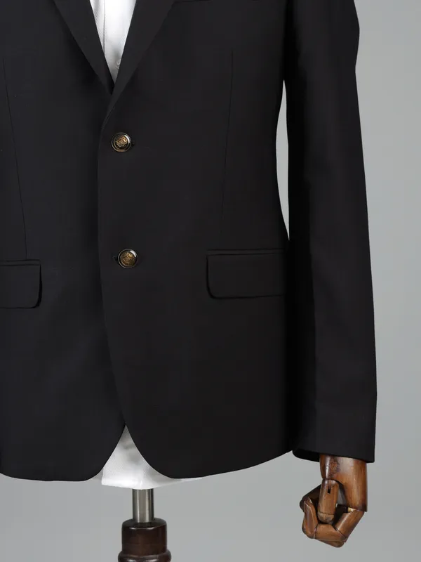 Black terry rayon solid two button blazer for receptions