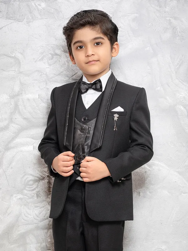 Black terry rayon textured coat suit for boys