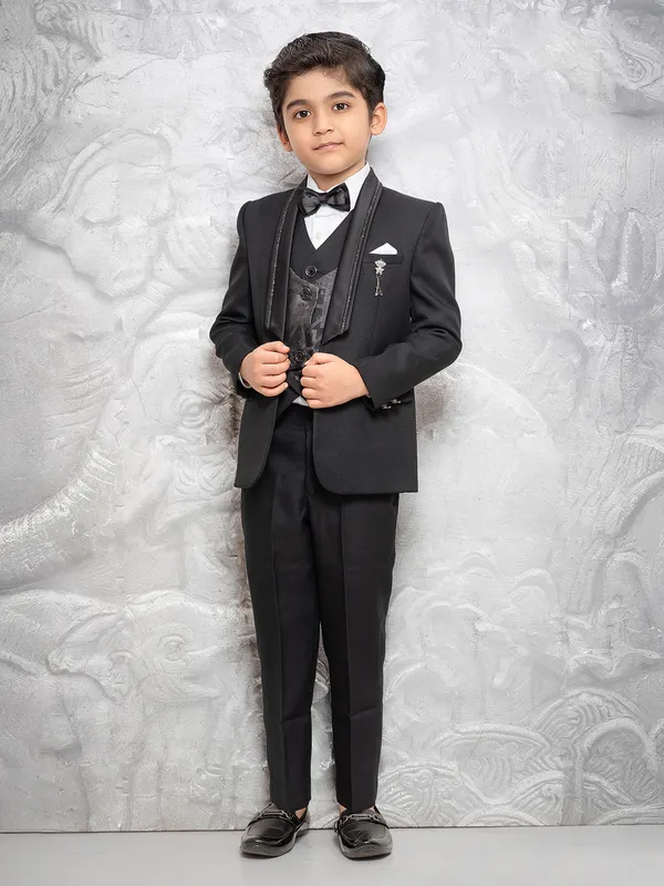 Black terry rayon textured coat suit for boys